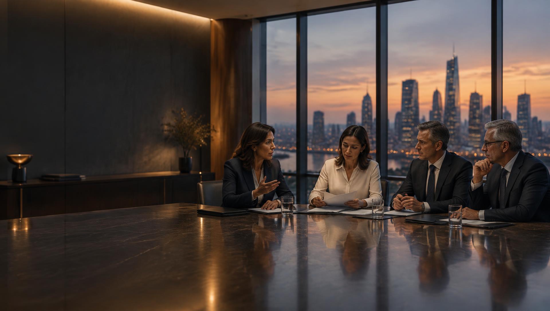 Equipe executiva reunida em torno da mesa de um conselho, com mulheres e homens em discussão estratégica